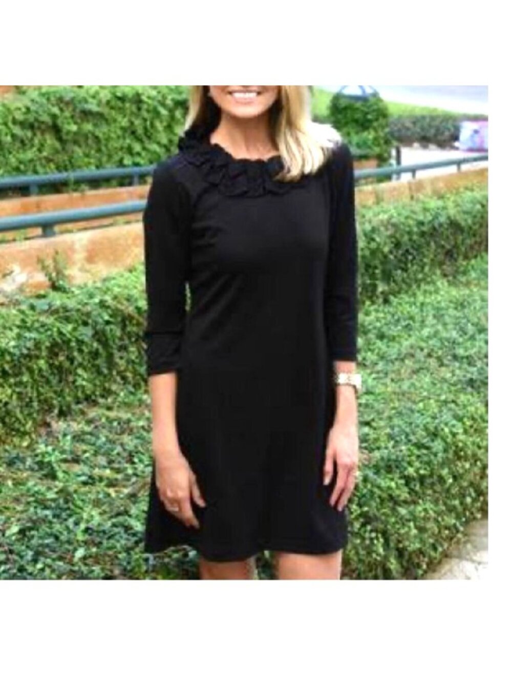 And Now This Black Cotton Ruffled Collar 3/4 Sleeve Dress XS